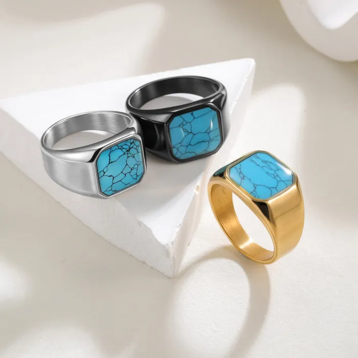 Men's Turquoise Ring – Vintage Style Titanium Steel Band, Trendy Fashion Jewelry, Wholesale