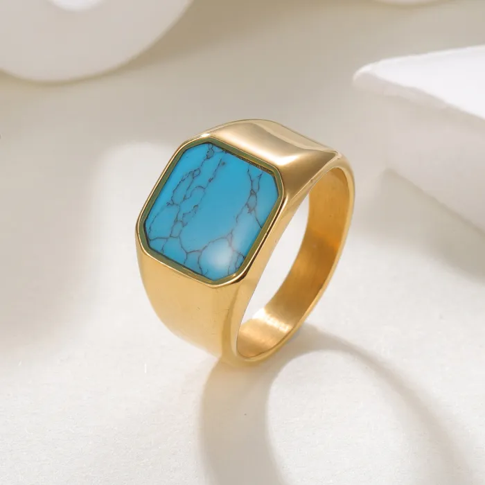 Men's Turquoise Ring – Vintage Style Titanium Steel Band, Trendy Fashion Jewelry, Wholesale