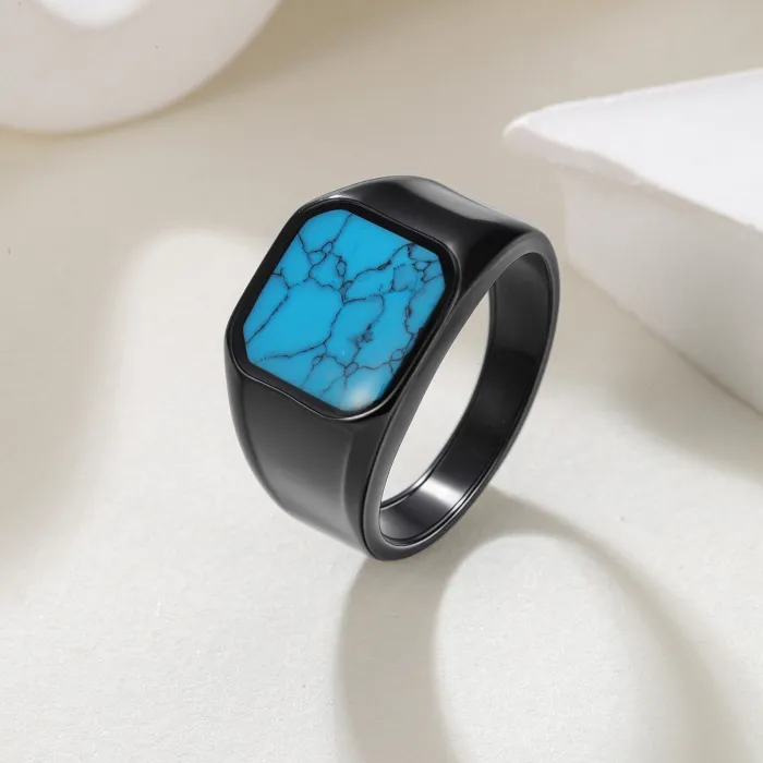 Men's Turquoise Ring – Vintage Style Titanium Steel Band, Trendy Fashion Jewelry, Wholesale