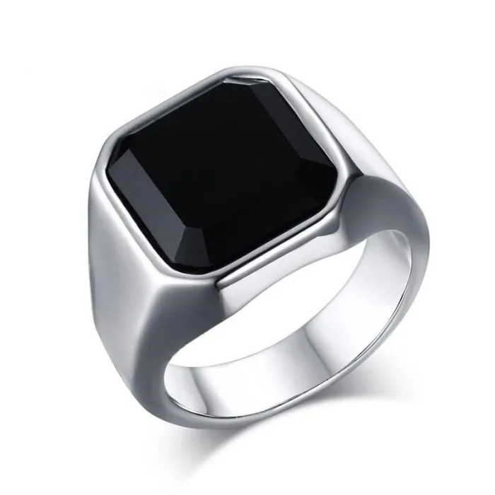 Men's Black Gold Micro Pave Zircon Ring – Square Stone, Minimalist Fashion Jewelry, Wholesale