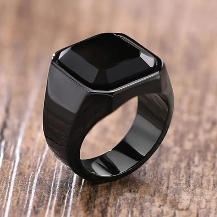 Men's Black Gold Micro Pave Zircon Ring – Square Stone, Minimalist Fashion Jewelry, Wholesale