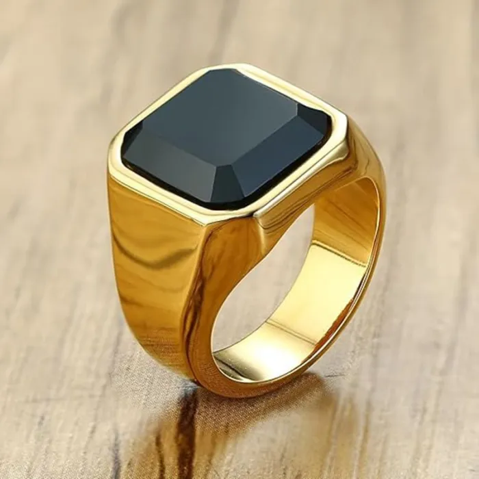 Men's Black Gold Micro Pave Zircon Ring – Square Stone, Minimalist Fashion Jewelry, Wholesale