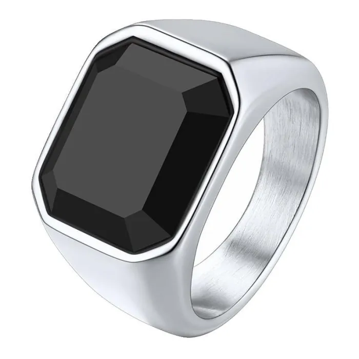 Men's Square Gemstone Ring – Vintage Titanium Steel, Trendy Stainless Steel Jewelry, Wholesale