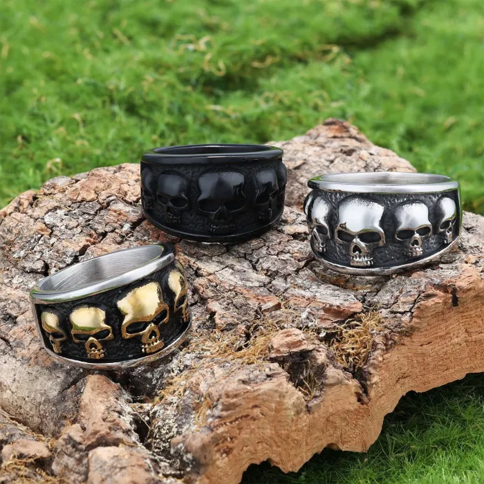 Punk Skull Ring in Titanium Steel – Full Band Design, Unisex Fashion Jewelry for Wholesale