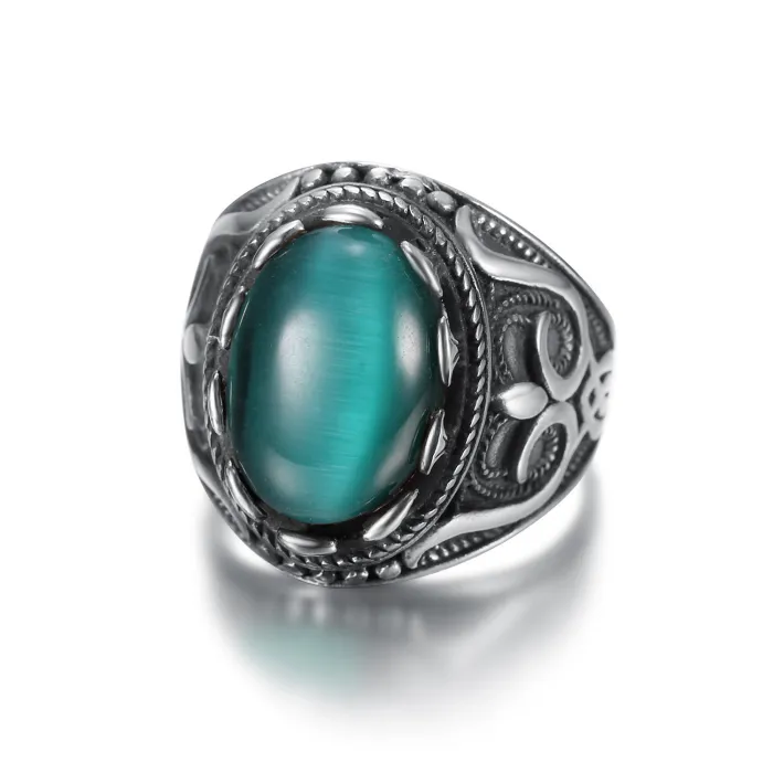 Men’s Oval Gemstone Ring – Stainless Steel Street Style Jewelry with Large Stone, Wholesale Available