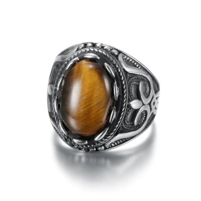 Men’s Oval Gemstone Ring – Stainless Steel Street Style Jewelry with Large Stone, Wholesale Available