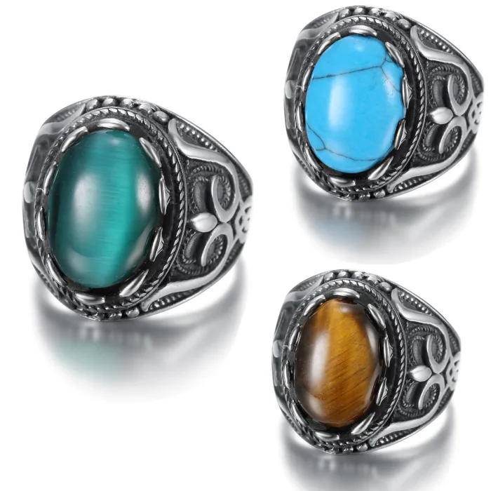 Men’s Oval Gemstone Ring – Stainless Steel Street Style Jewelry with Large Stone, Wholesale Available