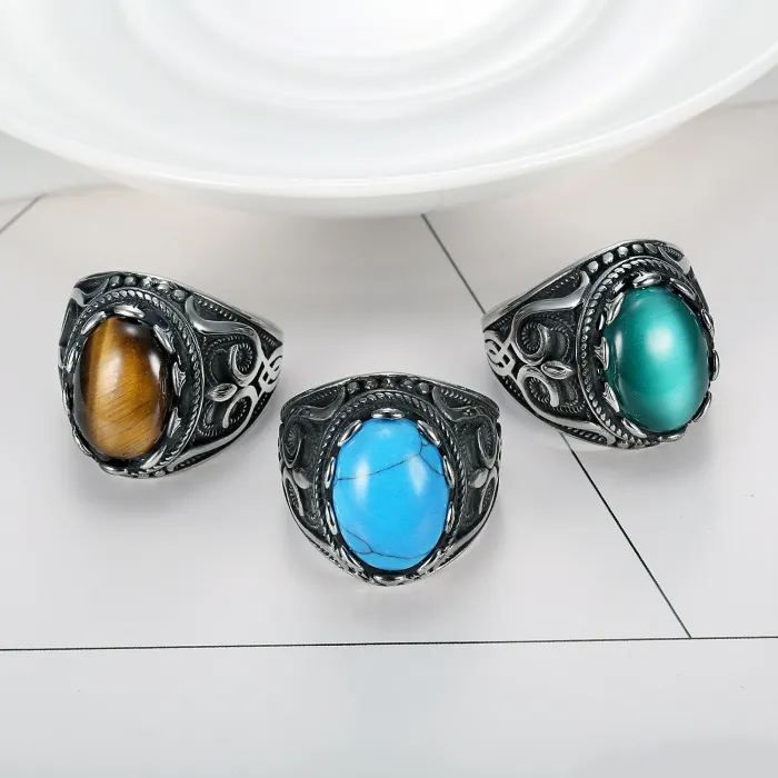 Men’s Oval Gemstone Ring – Stainless Steel Street Style Jewelry with Large Stone, Wholesale Available