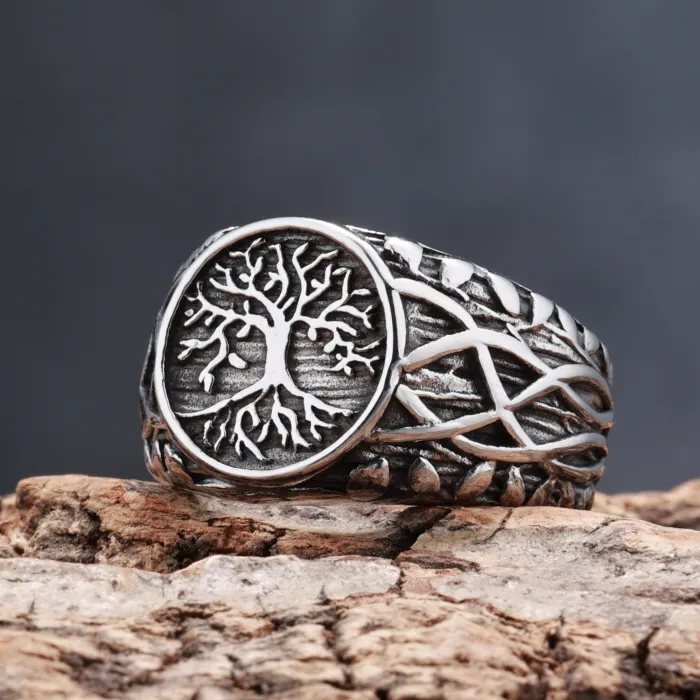 Viking Tree of Life Ring – Stainless Steel Vine Design, Fade-Resistant Nordic Jewelry for Men, Wholesale