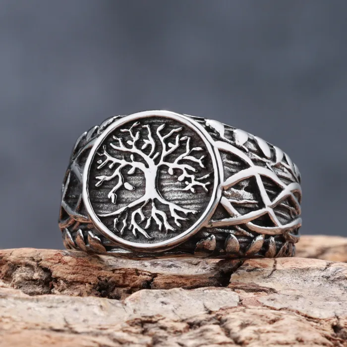 Viking Tree of Life Ring – Stainless Steel Vine Design, Fade-Resistant Nordic Jewelry for Men, Wholesale