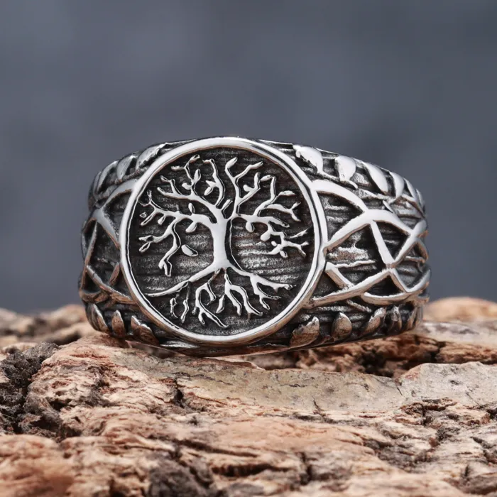 Viking Tree of Life Ring – Stainless Steel Vine Design, Fade-Resistant Nordic Jewelry for Men, Wholesale