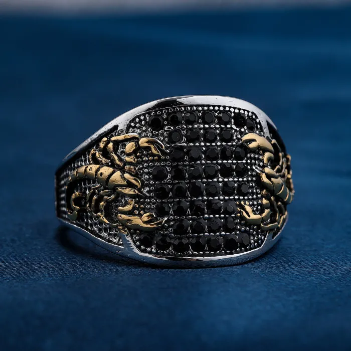 Men’s Scorpion Ring with Black Stone – Vintage Titanium Steel Nordic Style Jewelry, Wholesale Available