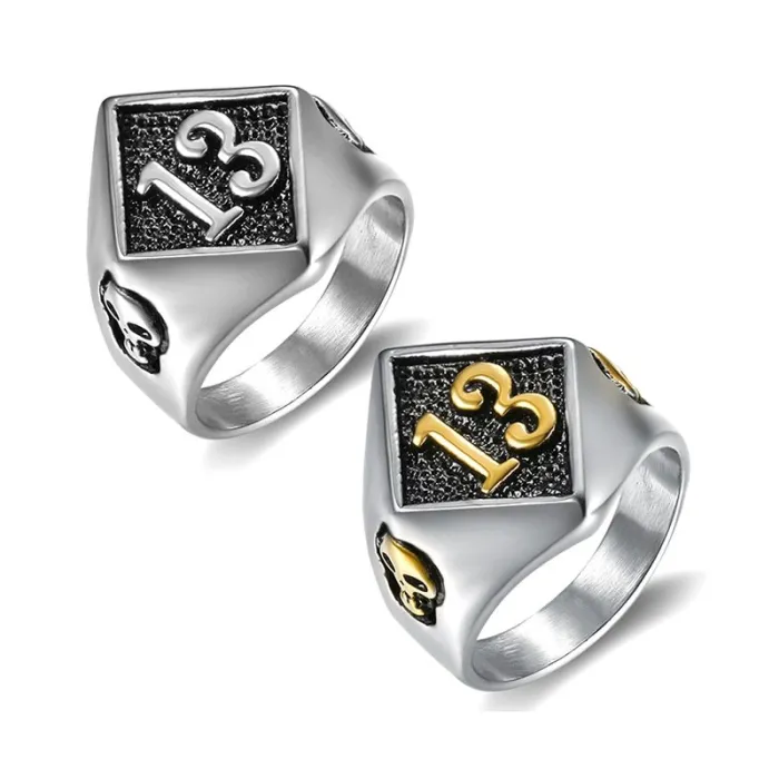 Men’s Biker Ring with Skull and Number 13 – Vintage Stainless Steel Gothic Jewelry, Wholesale