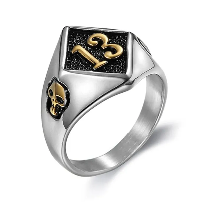 Men’s Biker Ring with Skull and Number 13 – Vintage Stainless Steel Gothic Jewelry, Wholesale
