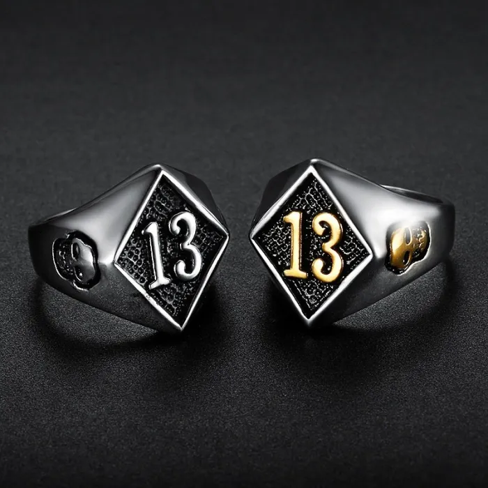 Men’s Biker Ring with Skull and Number 13 – Vintage Stainless Steel Gothic Jewelry, Wholesale