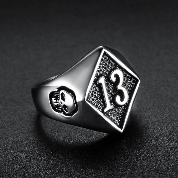 Men’s Biker Ring with Skull and Number 13 – Vintage Stainless Steel Gothic Jewelry, Wholesale