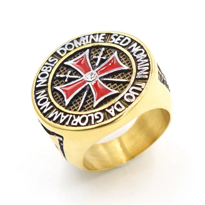 Men’s Red & Gold Cross Ring – Vintage Stainless Steel Christian-Inspired Jewelry with Rhinestones, Wholesale