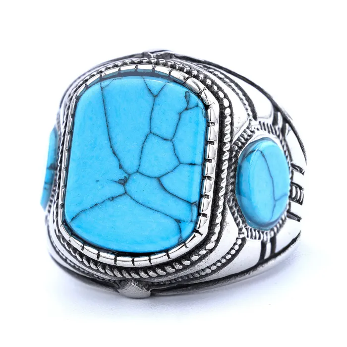 Men’s Turquoise Gemstone Ring – Triple-Sided Vintage Design in Stainless Steel, Fashion Jewelry Wholesale
