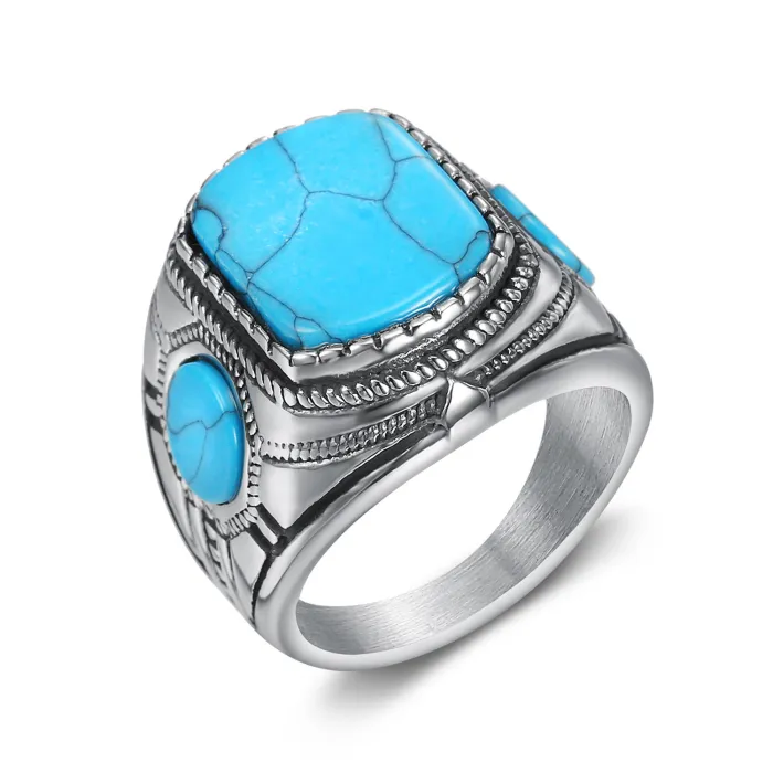 Men’s Turquoise Gemstone Ring – Triple-Sided Vintage Design in Stainless Steel, Fashion Jewelry Wholesale