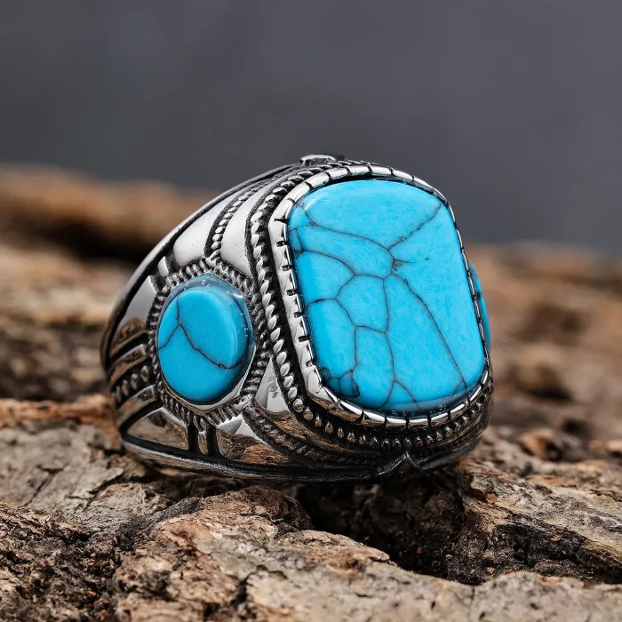 Men’s Turquoise Gemstone Ring – Triple-Sided Vintage Design in Stainless Steel, Fashion Jewelry Wholesale