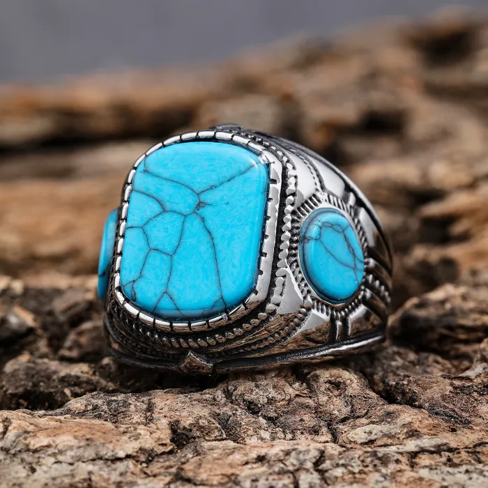 Men’s Turquoise Gemstone Ring – Triple-Sided Vintage Design in Stainless Steel, Fashion Jewelry Wholesale