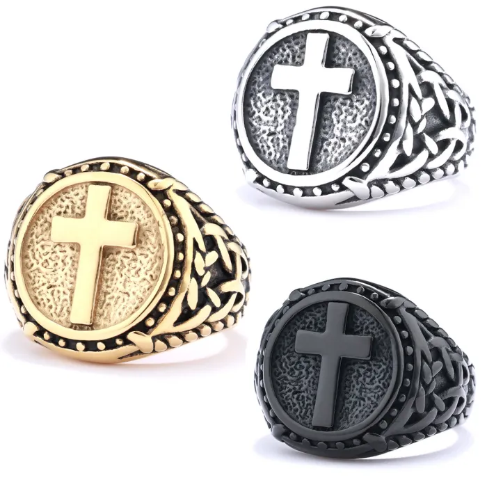 Unisex Cross Ring – Vintage Carved Totem Design in Stainless Steel, Fashion Jewelry for Wholesale
