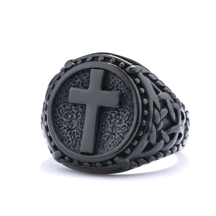 Unisex Cross Ring – Vintage Carved Totem Design in Stainless Steel, Fashion Jewelry for Wholesale