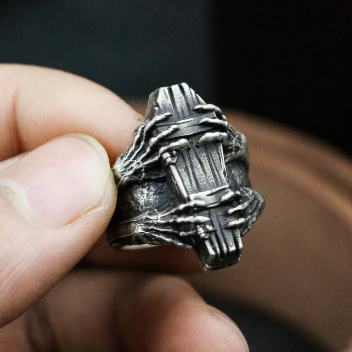 Men’s Coffin Skull Ring – Vintage Handmade Gothic Style in Oxidized Titanium Steel, Wholesale Jewelry