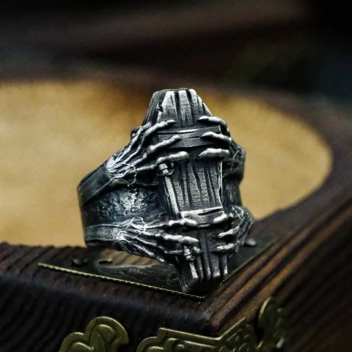 Men’s Coffin Skull Ring – Vintage Handmade Gothic Style in Oxidized Titanium Steel, Wholesale Jewelry