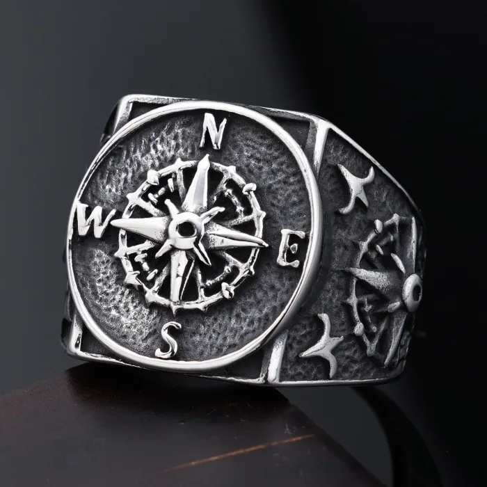 Men’s Viking Compass Ring – Nordic Cross & Nautical Symbol Design in Polished Stainless Steel, Wholesale Jewelry