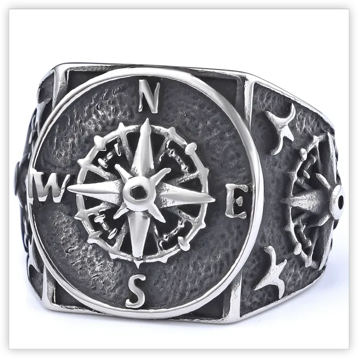 Men’s Viking Compass Ring – Nordic Cross & Nautical Symbol Design in Polished Stainless Steel, Wholesale Jewelry