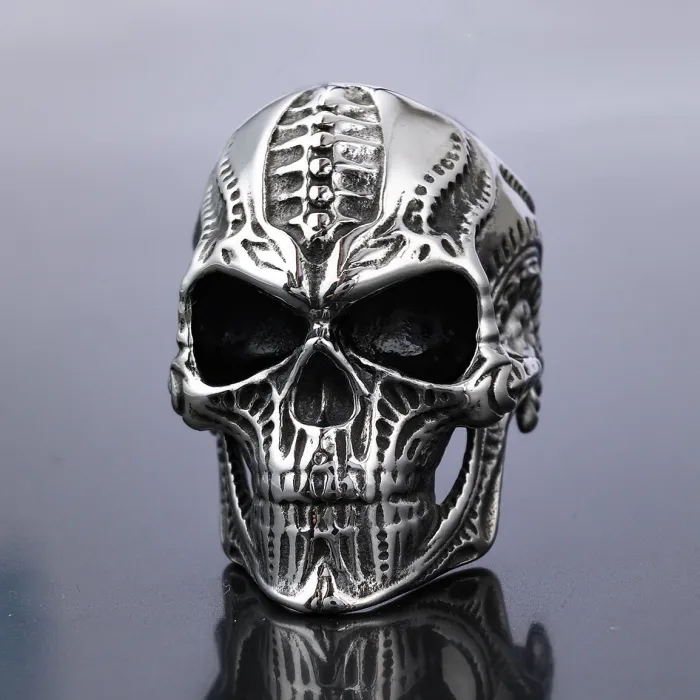 Men’s Biker Skull Ring – Bold Engraved Stainless Steel Gothic Jewelry, Vintage Motorcycle Style for Wholesale