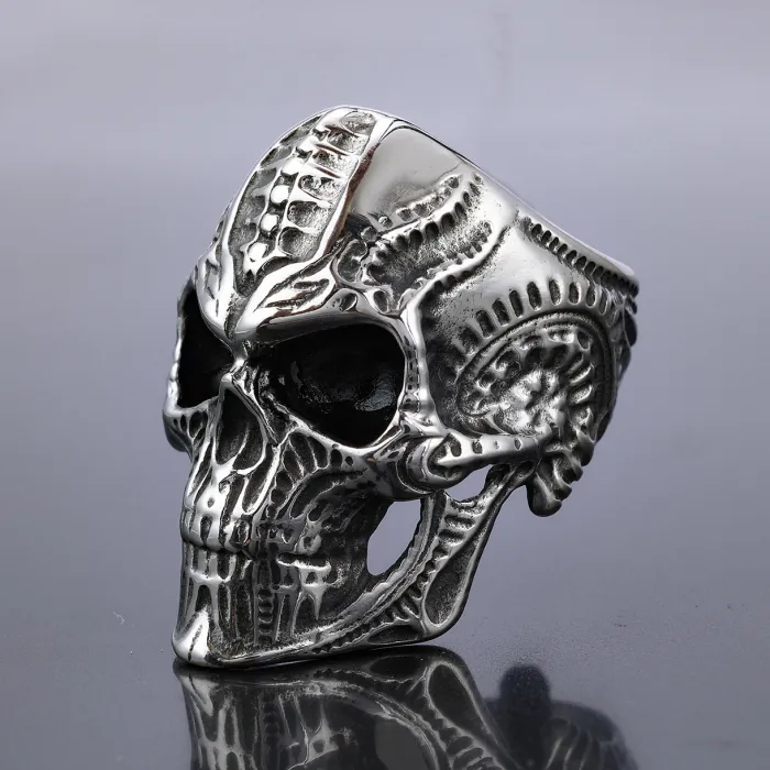 Men’s Biker Skull Ring – Bold Engraved Stainless Steel Gothic Jewelry, Vintage Motorcycle Style for Wholesale