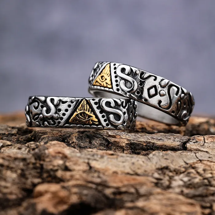 Eye of Horus & Masonic Symbol Ring – Two-Tone Titanium Steel Statement Jewelry for Men, Wholesale