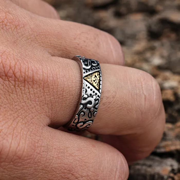 Eye of Horus & Masonic Symbol Ring – Two-Tone Titanium Steel Statement Jewelry for Men, Wholesale