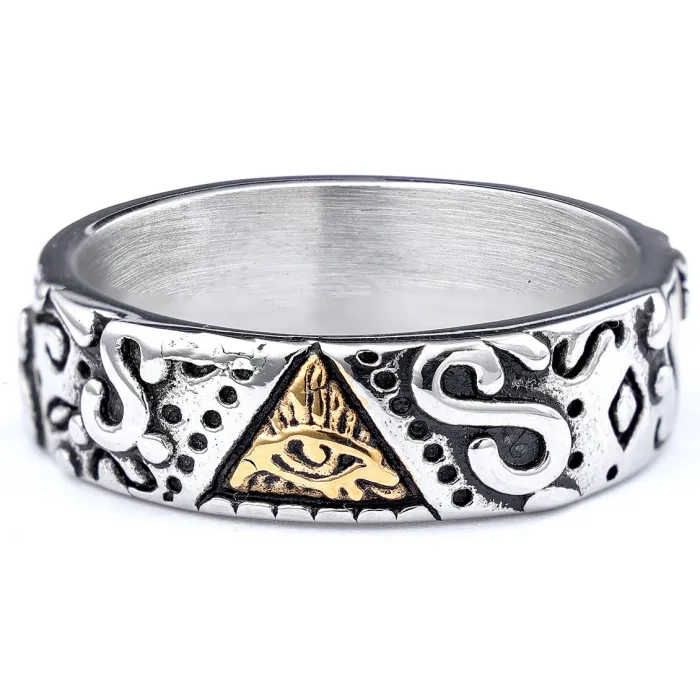 Eye of Horus & Masonic Symbol Ring – Two-Tone Titanium Steel Statement Jewelry for Men, Wholesale