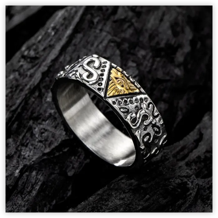 Eye of Horus & Masonic Symbol Ring – Two-Tone Titanium Steel Statement Jewelry for Men, Wholesale