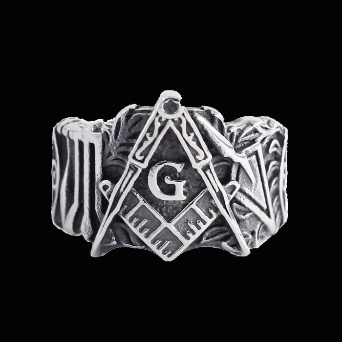 Men’s Masonic Templar Ring – Engraved Stainless Steel AG Initials & Floral Pattern, Vintage Occult Jewelry for Wholesale