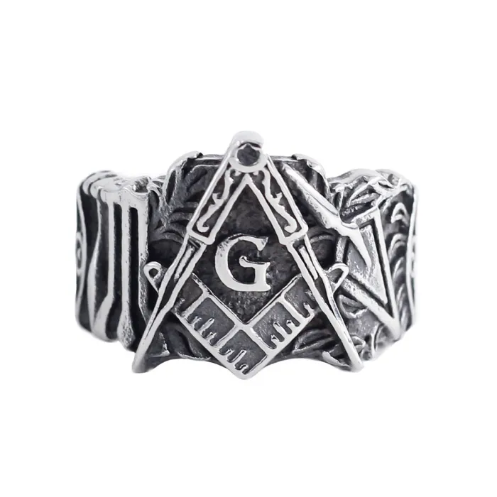 Men’s Masonic Templar Ring – Engraved Stainless Steel AG Initials & Floral Pattern, Vintage Occult Jewelry for Wholesale
