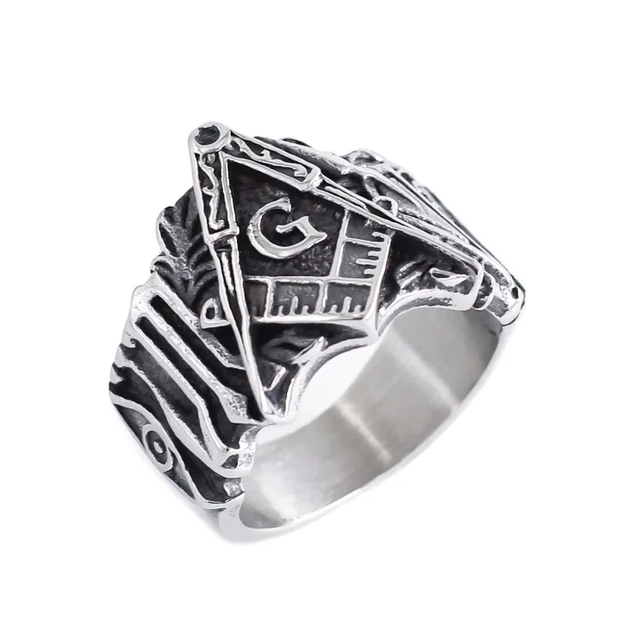 Men’s Masonic Templar Ring – Engraved Stainless Steel AG Initials & Floral Pattern, Vintage Occult Jewelry for Wholesale