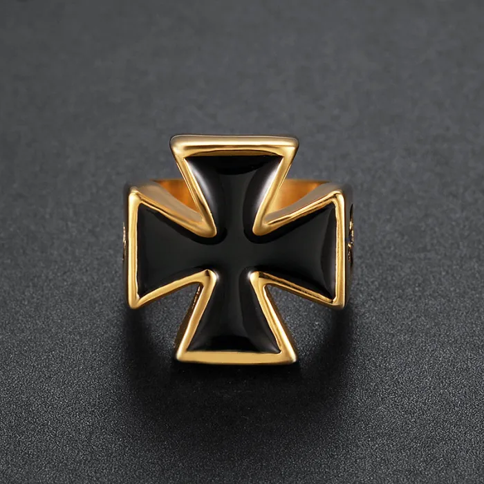 Men’s Cross Epoxy Ring – Black White Gold Titanium Steel Band, Minimalist Vintage Stainless Steel Jewelry for Wholesale