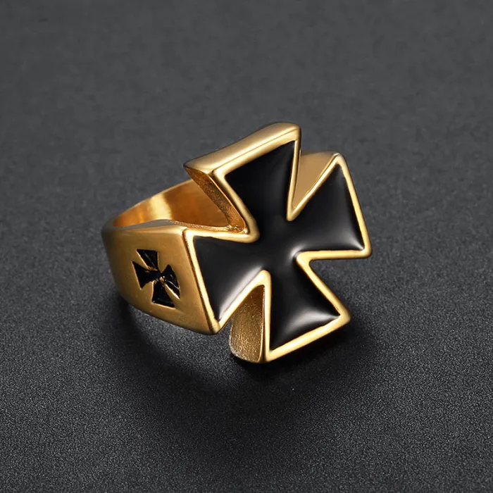 Men’s Cross Epoxy Ring – Black White Gold Titanium Steel Band, Minimalist Vintage Stainless Steel Jewelry for Wholesale