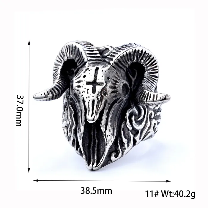 Goat Skull Punk Ring – Gothic Ram Head Design in Stainless Steel, Vintage Men’s Jewelry for Wholesale