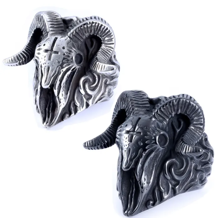 Goat Skull Punk Ring – Gothic Ram Head Design in Stainless Steel, Vintage Men’s Jewelry for Wholesale