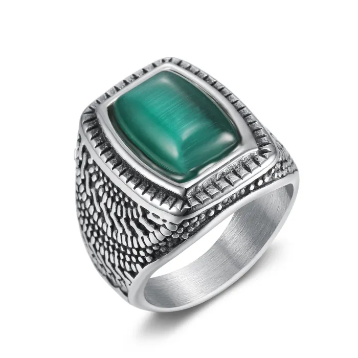Men’s Green Cat Eye Ring – Engraved Titanium Steel Minimalist Jewelry with Luxury INS-Inspired Design, Wholesale