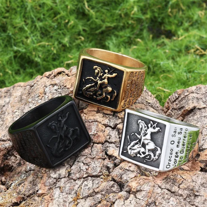 Paladin Dragon Slayer Ring – Bold Square Totem Design in Vintage Punk Style, Stainless Steel Statement Jewelry for Men, Wholesale
