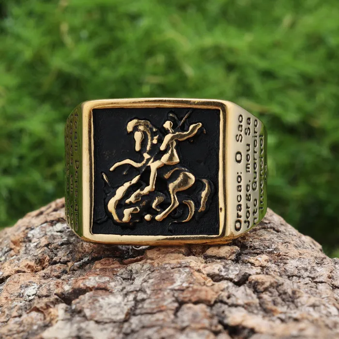 Paladin Dragon Slayer Ring – Bold Square Totem Design in Vintage Punk Style, Stainless Steel Statement Jewelry for Men, Wholesale