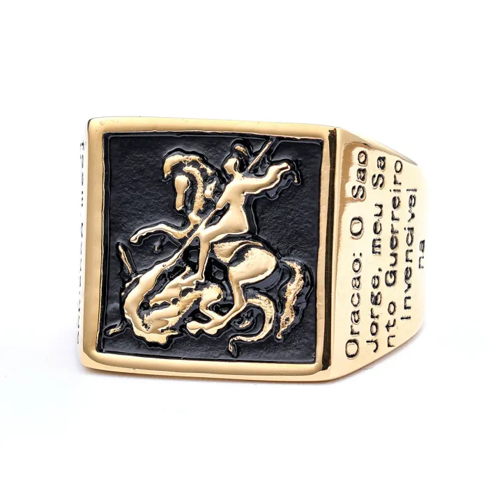 Paladin Dragon Slayer Ring – Bold Square Totem Design in Vintage Punk Style, Stainless Steel Statement Jewelry for Men, Wholesale