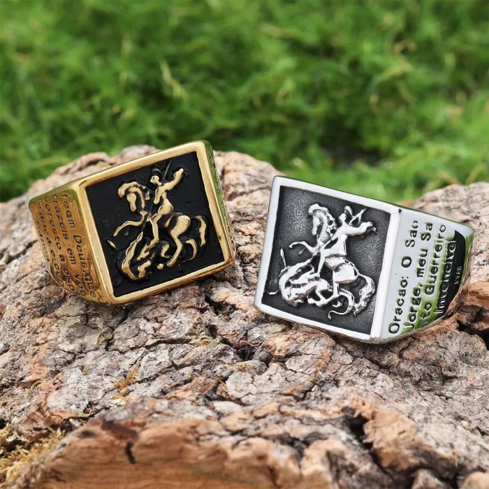 Paladin Dragon Slayer Ring – Bold Square Totem Design in Vintage Punk Style, Stainless Steel Statement Jewelry for Men, Wholesale