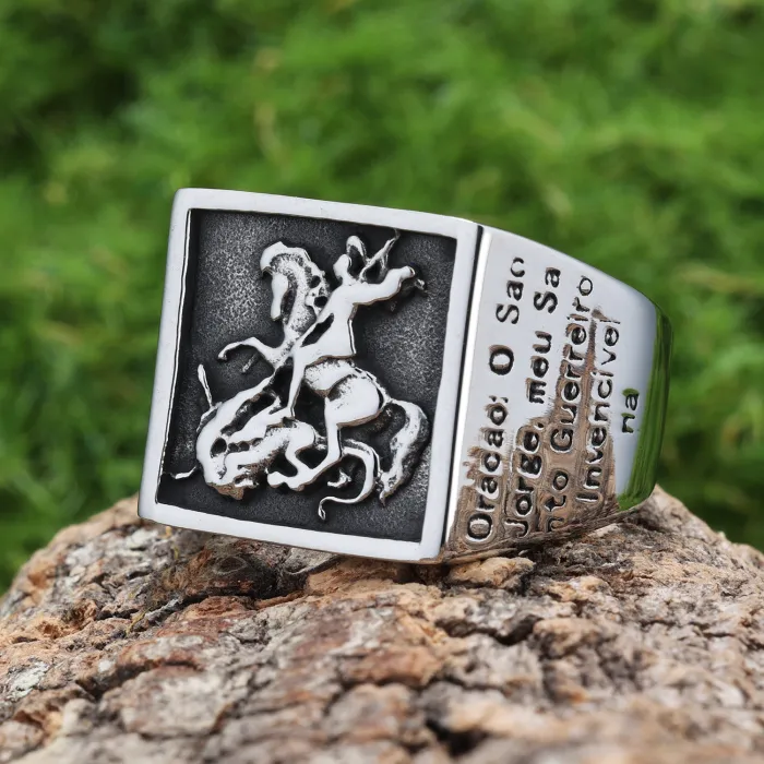 Paladin Dragon Slayer Ring – Bold Square Totem Design in Vintage Punk Style, Stainless Steel Statement Jewelry for Men, Wholesale